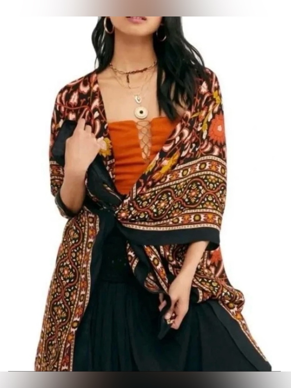 Free People Magic Dance Kimono Duster Black Combo Boho Festival Dark Florals OS - Picture 6 of 8